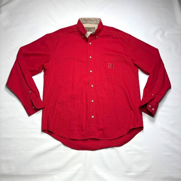 VTG University of Nebraska Huskers Red Twill Long Sleeve Button Shirt Mens Med - Picture 1 of 10